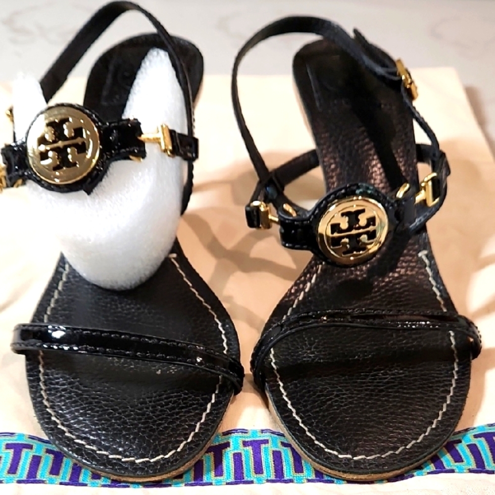 Tory Burch Black Sandals with Gold Accents